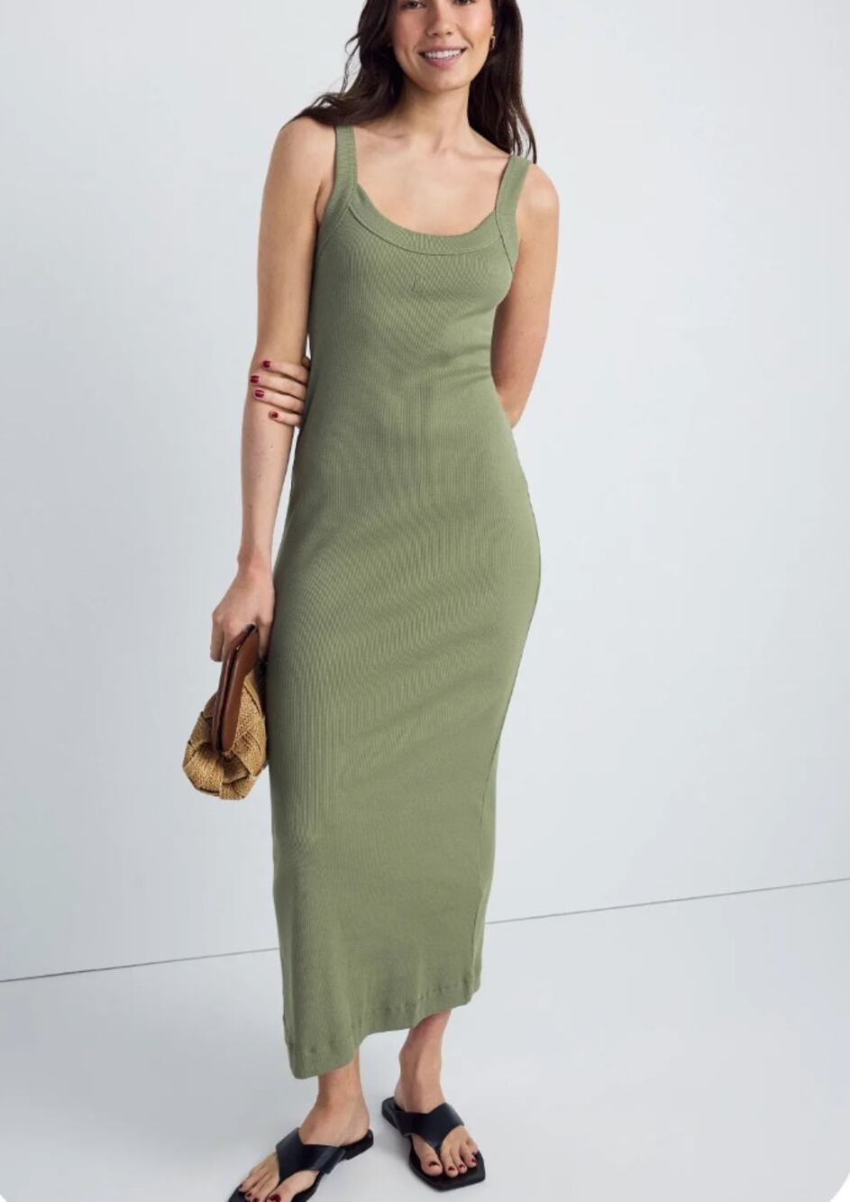 Malene Birger Olive Green Ribbed Midi Tank Dress MEDIUM Cotton Designer $230